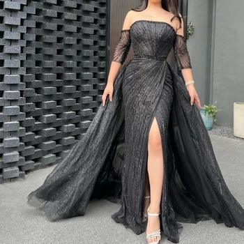 Arabský Čierne Sexy Morská Panna Vysoká Rozdeliť Korálkové Elegantné Luxusné Večerné Šaty Šaty 2023 Pre Ženy Strany Prom Šaty