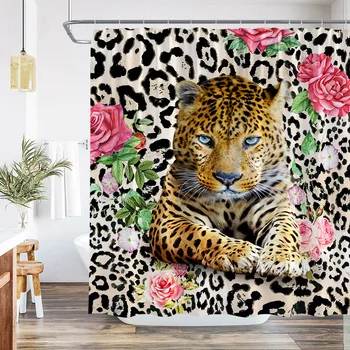 Tiger Kvet Sprchový Záves Leopard Textúry Kože Pozadí Zvierat Kvetinový Dizajn Domova Vaňa Opony Polyester Textílie Háčiky