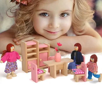 14Pcs Predstierať, že Hrať Miniatúrny domček pre bábiky s Nábytkom Hračka Nastaviť Drevený domček pre bábiky Miniatúrne Pre Deti Simulácia Nábytok Obývacia Izba Ba