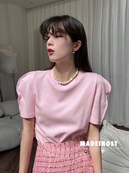 Iyundo 2023 kórejský Elegantné Nové Letné Topy T-shirt Lístkového Rukáv O Krk Farbou Štíhle Ženské Oblečenie Dongdaemun Módne Oblečenie