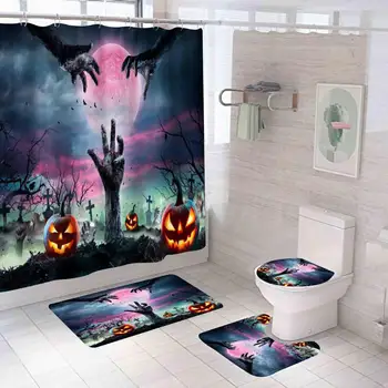 Hotel kúpeľňové Doplnky Sprchový Záves Nastaviť Strašidelné Kúpeľňa Decor Set Halloween Hrad Tekvica Sprchový Záves s Non-slip