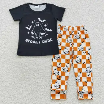 Baby Boy Halloween Ghost Nastaviť Batoľa Krátke Rukávy Strašidelné Netopierov T-shirts Orange Kockované Nohavice Deti Detská Deti Jeseň Oblečenie