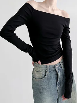Čierna Tuhá Lomka Krku Elegantný Dlhý Rukáv Topy Kórejský Módne Štíhle Sexy Orezané T Shirt Ženy Jeseň Oblečenie