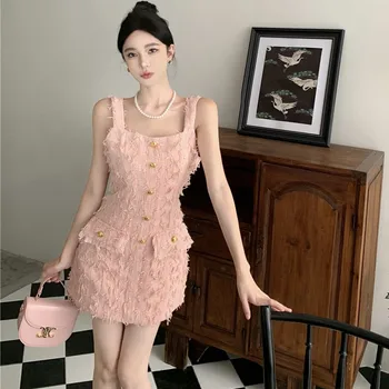 Dámske Mini Šaty v Lete roku 2023 kórejský Elegantné Ružové Bodycon Slim Večierok Pani Vintage Elegantné Šaty