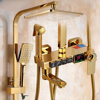 Zlatý dážď Nastaviť Kúpeľňa Smart Digital Sprcha Systém Wall Mount, Termostatické Batérie, Vaňa SPA Zrážok Vaňou LED Ťuknite na položku Full Kit