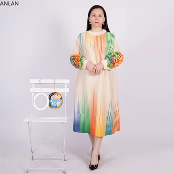 ANLAN Appliques Miyake Skladaný Šaty Rainbow Tlače Farebný Blok O-Krk Dlhý Rukáv, Vyšívané Voľné Šaty pre Ženy 2023 Nové