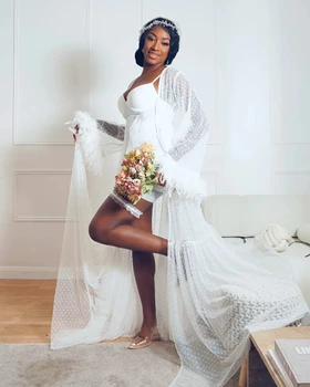Očarujúce Afriky Slonoviny Svadobné Nightgowns Luxusné Perie Svadobné Župany Sexy Bodkované Tylu Kimono Svadobné Šaty Boudoir