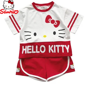 2 ks Súpravy Hello Kitty Kawaii Sanrio Anime Kt Bežné Baby Deti Športové Oblečenie Dievča, Detské Oblečenie Krátke Šortky Deti Darček