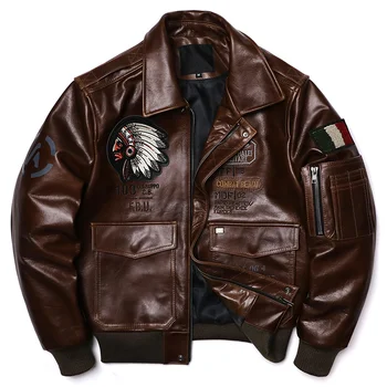 Vintage Brown Horsehide Indickej Výšivky Originálne Kožené Bundy pánske Bundy na Motocykel Air Force Piloti Oblečenie Lietania Oblek