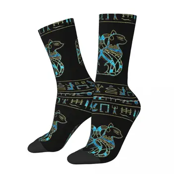 Ponožky pre Mužov Mačky Zlaté A Modré Farebné Sklo Vintage Starovekého Egypta Egyptská Kvality Vzor Vytlačené Posádky Ponožky Bezšvíkové Darček