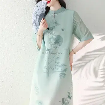 2023 nový čínsky štýl, lepšiu polovicu rukáv cheongsam šaty letné nové retro atramentová tlač žien denne voľné štýl qipao šaty