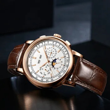 Mechanické Hodinky z Nerezovej Ocele, Automatické náramkové hodinky Pre Mužov Luxusný Vysoko Kvalitný Kožený pás 50M Vodotesné Hodinky