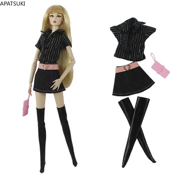 Black Módne Oblečenie Set Pre Bábiky Barbie Oblečenie Pruhované Tričko Krátke Sukne Pančuchy Kabelku na 1/6 Bábika Príslušenstvo Deti Hračky