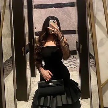 Čierne Smokingy bez Rukávov Šaty Ples Koleno Dĺžke ace Večerných Šiat, Saudská Arábia Žien Formálne Šaty na Zákazku