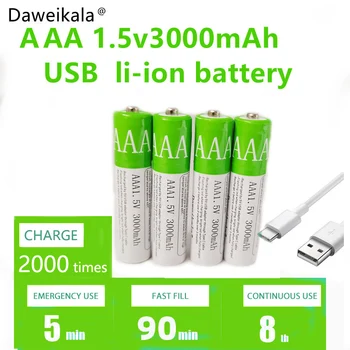 2021New USB AAA Nabíjateľné Batérie 1,5 V 3000 MAh Li-ion Batérie pre Diaľkové Ovládanie MouseElectric Hračka na Batérie + Typ-C Kábel
