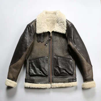 Jeseň zimnej sezóny mužov bežné veľké kožené vrecko z ovčej kožušiny jeden kus kožená bunda klope B3 pravopisu, kožený pilotný oblečenie
