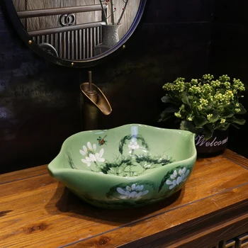Jingyan Green Lotus Čínske Umenie Tabuľka Povodí Špeciálne Tvarované Keramické Umývadlo Umývadlo Tvorivé Osobnosti Umývadlo