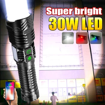 Nabíjateľná Baterka 30W LED Super Výkonný Pochodeň Svetla 1500M Taktické High Power LED Baterky Dlhý Záber Strane Lampa 8 Režimov