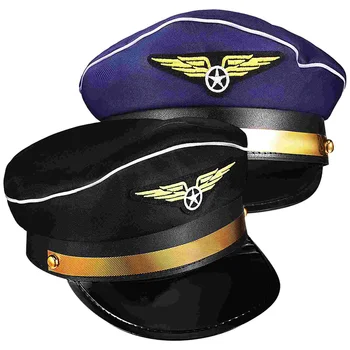 2 Ks Čierny Klobúk Cosplay Prop Oblečenie Kapitán Pilot Polyester Letuška Príslušenstvo Letuška Klobúky Kostým Dekor