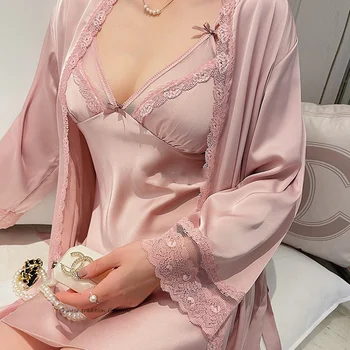 Rayon Pyžamo Vyhovovali Nighty Domáce oblečenie, spodná Bielizeň 4Pcs Sleepwear dámske Domáce Oblečenie s Dlhým Rukávom Kimono Župan Sexy Nightgown