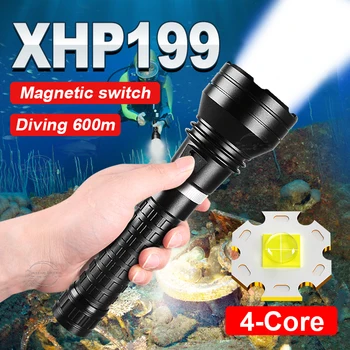 Super Jasné XHP199 LED Potápačská Baterka 600M Silný Potápanie Pochodeň Vysoký Výkon Nabíjateľná Podvodné Svietidla IPX8 Ručné Svietidlá
