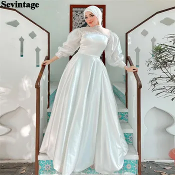 Sevintage Elegantné Arábia Saténové Svadobné Šaty Vysoká Krku A-Line Dlho Lístkového Rukávy Dĺžka Podlahy Jednoduché Svadobné Growns Pre Ženy