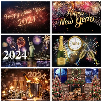2024 Šťastný Nový Rok Pozadia Zlatý Lesk Ohňostroj Šampanské Hodiny Vianočné Party Dekor Foto Pozadie Fotografie Rekvizity