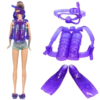 1 Nastavte Bábika Fialová Potápačské vybavenie, Príslušenstvo Plastové kyslíka tank Plávanie Okuliare Feets Pre Bábiku Barbie 1/6 Dievča, Darček 036A