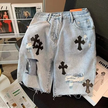 Y2K Roztrhlo Denim Šortky Európskej a Americkej High Street Cross Jeans hip-hop Priateľ rovno voľné širokú nohu nohavice in hot