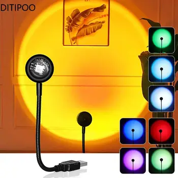 7 Farbách západu Slnka Lampa USB Powered Rainbow Projektor Lampa Atmosféru Spálne Nočné Svetlo 14 Režimy Fotografovania Pozadie Svetiel
